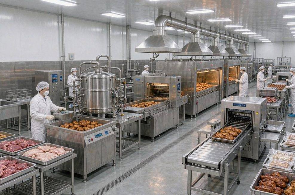 肉制品加工厂 GMP 洁净生产车间实景 肉制品加工厂洁净生产流水线,食品 GMP 生产车间,肉类加工生产现场